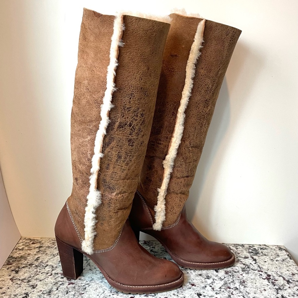 Michael Kors Shearling Brown Leather Block Heel Boot Size 7.5